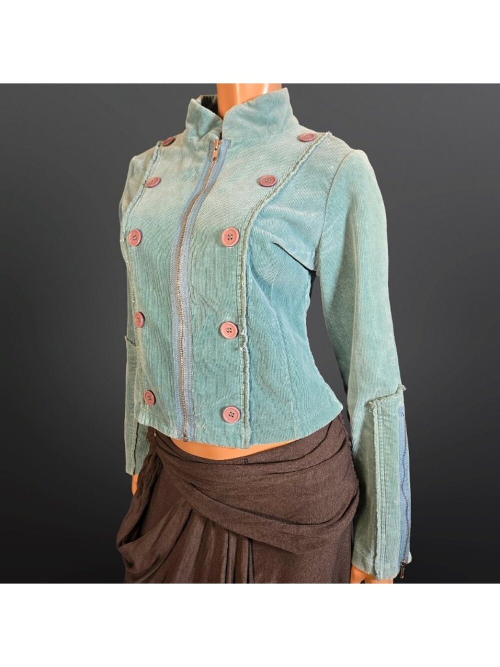 Vintage Y2K Teal Aqua Corduroy Fitted Military Jacket Size M Zippers Grunge